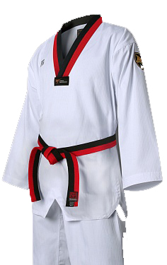 На картинке изображен Добок для таэквондо Mooto MTX white/black/red Добок для таэквондо Mooto MTX white/black/red