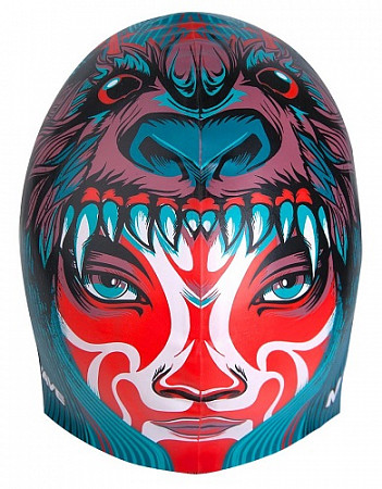 На картинке изображен Шапочка для бассейна (плавания) взрослая Mad Wave Tribe Silicone Printed red/blue Шапочка для бассейна (плавания) взрослая Mad Wave Tribe Silicone Printed red/blue