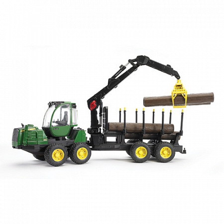 На картинке изображен Игрушка Bruder Трактор John Deere 1210E с прицепом с манипулятором и брёвнами 02133 Игрушка Bruder Трактор John Deere 1210E с прицепом с манипулятором и брёвнами 02133