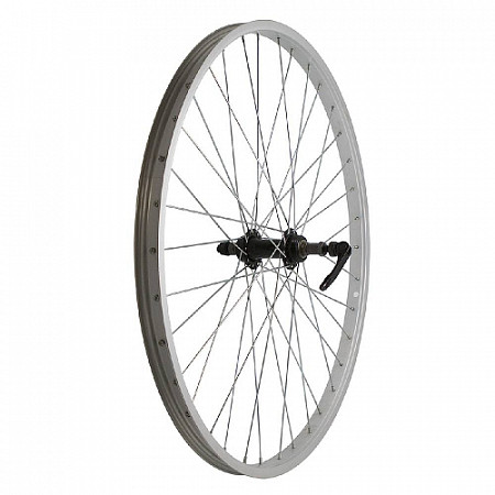 На картинке изображен Заднее колесо 26", обод одинарный silver., втулка, эксцентрик,black ZXX18864 Заднее колесо 26", обод одинарный silver., втулка, эксцентрик,black ZXX18864