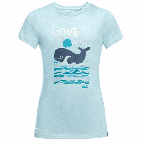 На картинке изображен Футболка детская Jack Wolfskin Ocean T Kids gulf stream Футболка детская Jack Wolfskin Ocean T Kids gulf stream