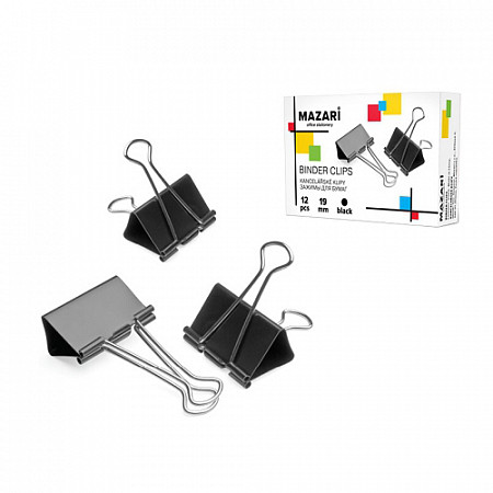 На картинке изображен Зажимы для бумаг Mazari 19 мм М-6895 black Зажимы для бумаг Mazari 19 мм М-6895 black