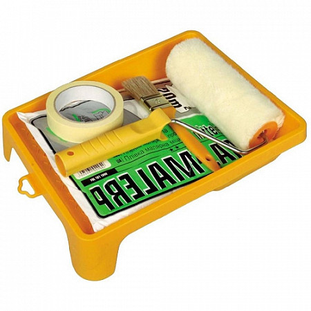 На картинке изображен Набор малярного инструмента Hardy валик Gepard 18см + кисть 38 мм + лента малярная 25 мм + пленка 4х5 м + ванночка 0178-910000 Набор малярного инструмента Hardy валик Gepard 18см + кисть 38 мм + лента малярная 25 мм + пленка 4х5 м + ванночка 0178-910000