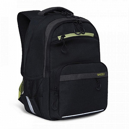 На картинке изображен Рюкзак школьный GRIZZLY RB-154-3 /2 black/light green Рюкзак школьный GRIZZLY RB-154-3 /2 black/light green