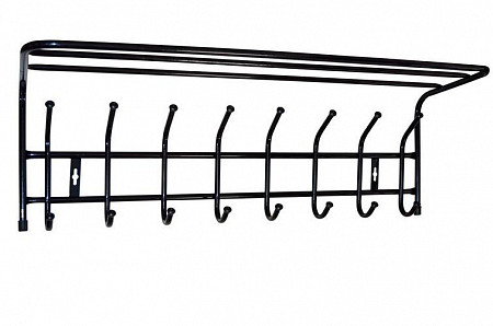 На картинке изображен Вешалка для одежды Nika настенная (с полкой) черная ВП8 Вешалка для одежды Nika настенная (с полкой) черная ВП8