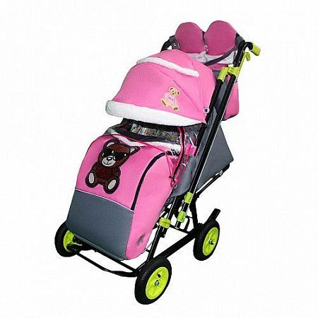 Санки-коляска Snow Galaxy City-3-2 Мишка в красном на розовом на больших надувных колёсах+сумка+варежки