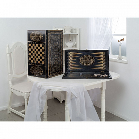 На картинке изображен Игра 2 в 1 нарды,шашки Орнамент 60х30х4 см black/gold 083-12 Игра 2 в 1 нарды,шашки Орнамент 60х30х4 см black/gold 083-12