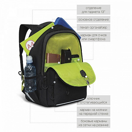 На картинке изображен Рюкзак школьный GRIZZLY RB-154-3 /2 black/light green Рюкзак школьный GRIZZLY RB-154-3 /2 black/light green