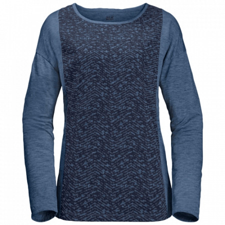 На картинке изображен Футболка женская Jack Wolfskin Moro Panel Longsleeve ocean wave Футболка женская Jack Wolfskin Moro Panel Longsleeve ocean wave