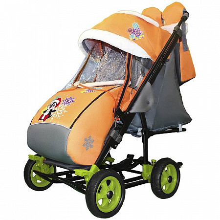 Санки-коляска Galaxy Пингвин на оранжевом на больших колёсах City-3-1 orange