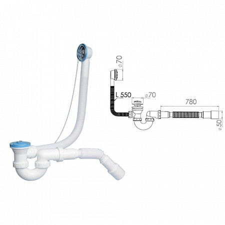 Сифон для ванны U-образный 70 мм с гибкой трубой 40х40/50 1520