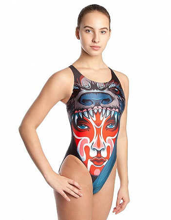 На картинке изображен Купальник спортивный женский Mad Wave Tribe blue/red Купальник спортивный женский Mad Wave Tribe blue/red