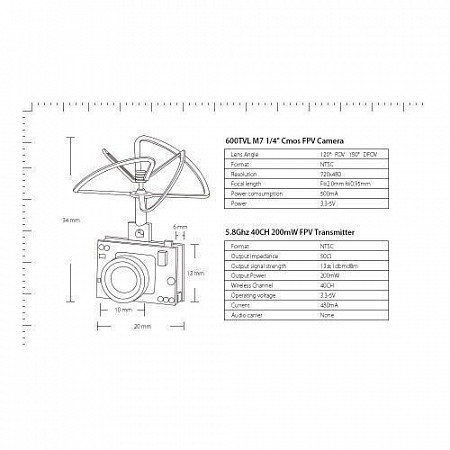 Курсовая видео камера Eachine для FPV полетов TX02 600TVL с передатчиком 5.8GHz 200mW
