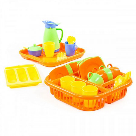 На картинке изображен Набор детской посуды Полесье с сушилкой 40718 Набор детской посуды Полесье с сушилкой 40718