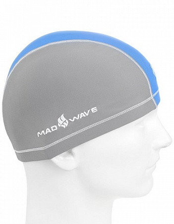 На картинке изображен Шапочка для бассейна (плавания) взрослая Mad Wave Lycra Doutone gray/blue Шапочка для бассейна (плавания) взрослая Mad Wave Lycra Doutone gray/blue