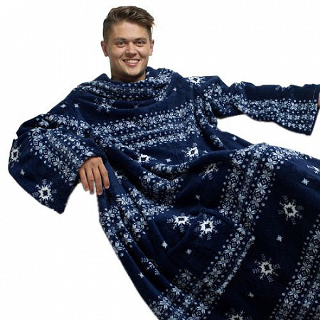 Плед с рукавами Sleepy New Year Snowflake Blue с белыми снежинками