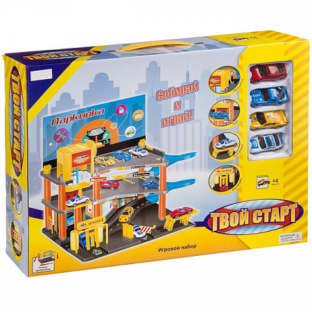 На картинке изображен Гараж 3-х уровневый с лифтом "Твой старт" ZYB-B2317 4 машинки Гараж 3-х уровневый с лифтом "Твой старт" ZYB-B2317 4 машинки