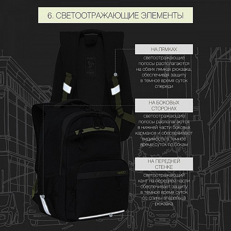 На картинке изображен Рюкзак школьный GRIZZLY RB-154-3 /2 black/light green Рюкзак школьный GRIZZLY RB-154-3 /2 black/light green