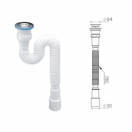 Сифон Nova 1 1/2"х40/50 гофрированный выпуск 64мм 1262