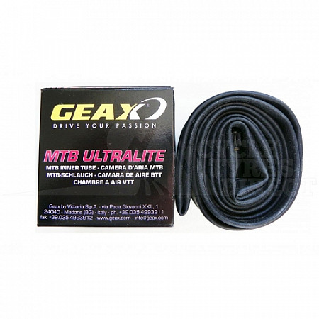 На картинке изображен Велокамера Geax MTB Ultralite, 29x1.9/2.35, presta 40 мм 122.2U9.R2.23.111BX Велокамера Geax MTB Ultralite, 29x1.9/2.35, presta 40 мм 122.2U9.R2.23.111BX