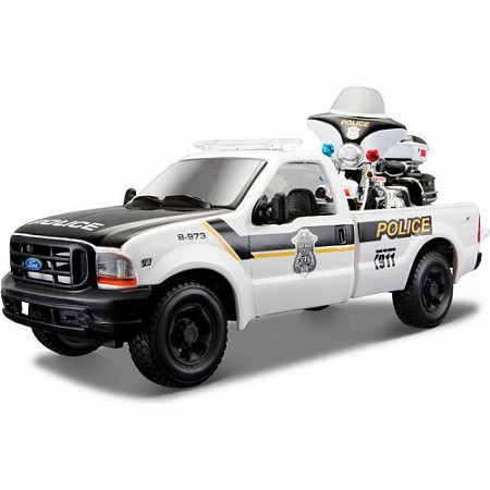 На картинке изображен Масштабная модель автомобиля Maisto 1:24 HD Форд F-350 Супердьюти пикап (1999) с мотоциклом в ассортименте (32181) Масштабная модель автомобиля Maisto 1:24 HD Форд F-350 Супердьюти пикап (1999) с мотоциклом в ассортименте (32181)