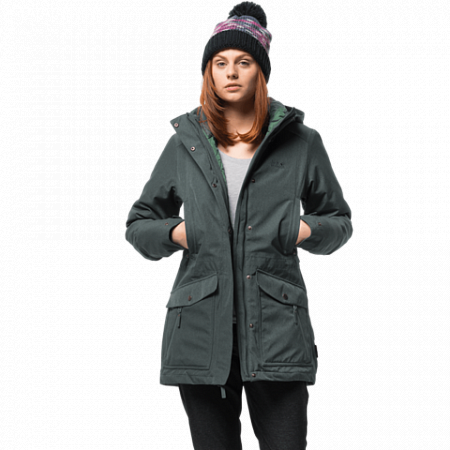 На картинке изображен Куртка женская Jack Wolfskin Coastal Range Parka greenish grey Куртка женская Jack Wolfskin Coastal Range Parka greenish grey