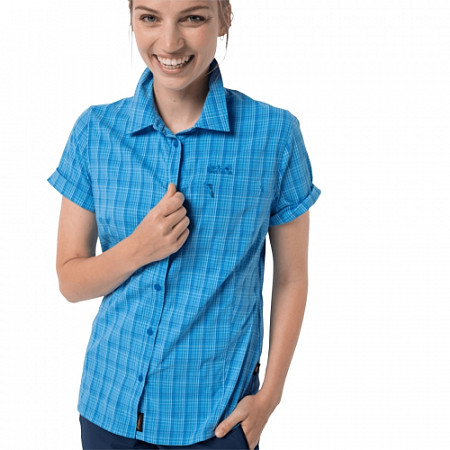 На картинке изображен Рубашка женская Jack Wolfskin Centaura Shirt W brilliant blue checks Рубашка женская Jack Wolfskin Centaura Shirt W brilliant blue checks