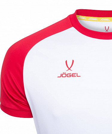 На картинке изображен Футболка футбольная детская Jogel CAMP Reglan JFT-1021-012-K white/red Футболка футбольная детская Jogel CAMP Reglan JFT-1021-012-K white/red