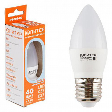На картинке изображен Лампа светодиодная Юпитер C37 Свеча 5 Вт 170-240В E27 4000К JP5003-02 Лампа светодиодная Юпитер C37 Свеча 5 Вт 170-240В E27 4000К JP5003-02
