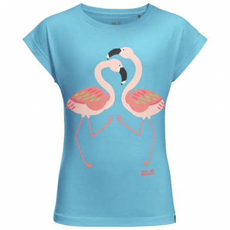 На картинке изображен Футболка детская Jack Wolfskin Flamingo T Girls gulf stream Футболка детская Jack Wolfskin Flamingo T Girls gulf stream