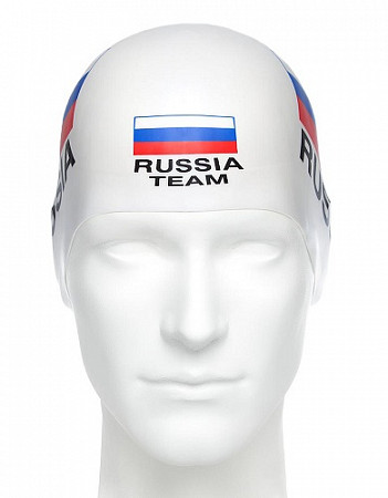 На картинке изображен Шапочка для бассейна (плавания) взрослая Mad Wave Print Russian Team white Шапочка для бассейна (плавания) взрослая Mad Wave Print Russian Team white