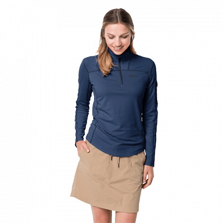 На картинке изображен Рубашка с длинными рукавами женская Jack Wolfskin Performance Halfzip W dark indigo Рубашка с длинными рукавами женская Jack Wolfskin Performance Halfzip W dark indigo