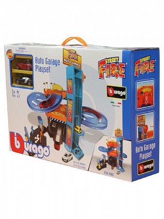 Игровой набор Bburago Street Fire Паркинг 3-х уровневый, 2 машинки, лифт, автомойка (18-30361)
