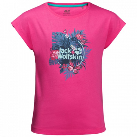 На картинке изображен Футболка детская Jack Wolfskin Tropical T Girls pink peony Футболка детская Jack Wolfskin Tropical T Girls pink peony