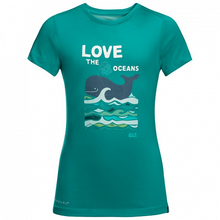 На картинке изображен Футболка детская Jack Wolfskin Ocean T Kids green ocean Футболка детская Jack Wolfskin Ocean T Kids green ocean