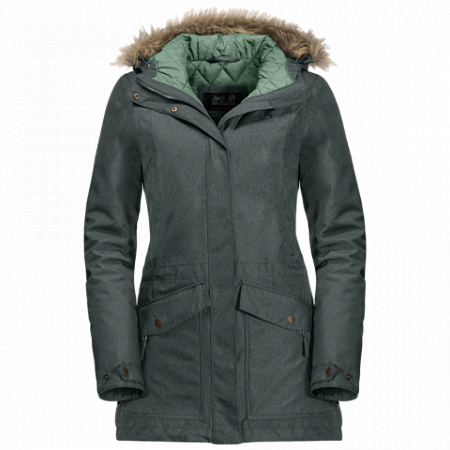 На картинке изображен Куртка женская Jack Wolfskin Coastal Range Parka greenish grey Куртка женская Jack Wolfskin Coastal Range Parka greenish grey