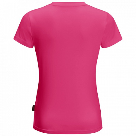 На картинке изображен Футболка детская Jack Wolfskin Wolf T Kids pink peony Футболка детская Jack Wolfskin Wolf T Kids pink peony