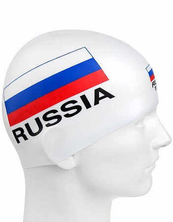 На картинке изображен Шапочка для бассейна (плавания) взрослая Mad Wave Print Russian Team white Шапочка для бассейна (плавания) взрослая Mad Wave Print Russian Team white