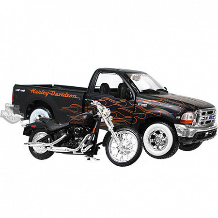 На картинке изображен Масштабная модель автомобиля Maisto 1:24 HD Форд F-350 Супердьюти пикап (1999) с мотоциклом в ассортименте (32181) Масштабная модель автомобиля Maisto 1:24 HD Форд F-350 Супердьюти пикап (1999) с мотоциклом в ассортименте (32181)