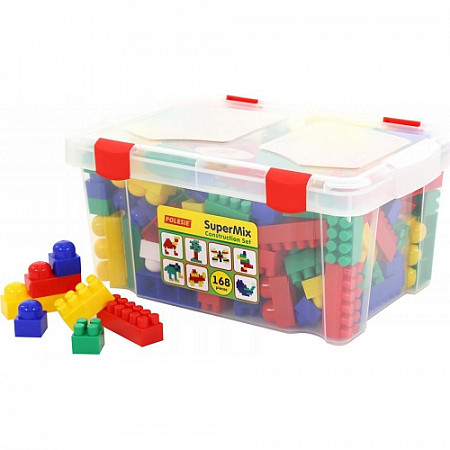 На картинке изображен Конструктор Полесье Супер-Микс 168 элементов в контейнере 50601 Конструктор Полесье Супер-Микс 168 элементов в контейнере 50601