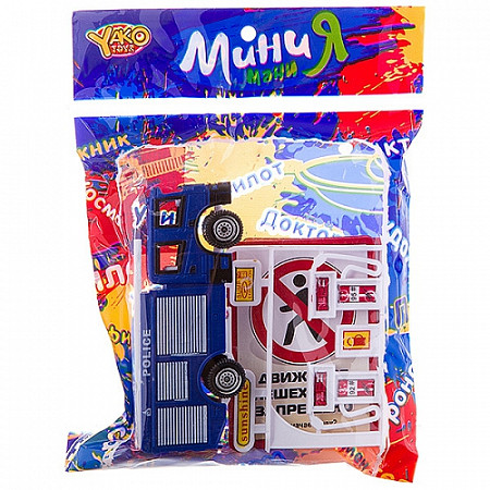 Набор игровой  YAKO "дорожное движение" с инерционной машиной, заправкой и 6 карточек на знание дорожных знаков М7173 blue