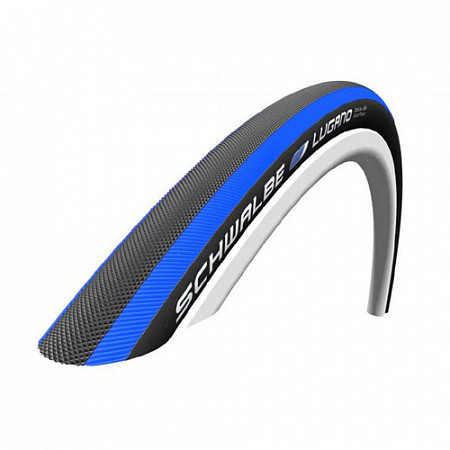 На картинке изображен Покрышка Schwalbe Lugano 28" 700x23C BlackBlue 130TPI 163213033 Покрышка Schwalbe Lugano 28" 700x23C BlackBlue 130TPI 163213033
