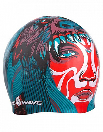 На картинке изображен Шапочка для бассейна (плавания) взрослая Mad Wave Tribe Silicone Printed red/blue Шапочка для бассейна (плавания) взрослая Mad Wave Tribe Silicone Printed red/blue