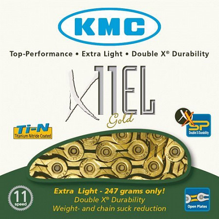 На картинке изображен Велоцепь KMC X11EL 11скоростей, 118L, gold BXEL11T4 Велоцепь KMC X11EL 11скоростей, 118L, gold BXEL11T4
