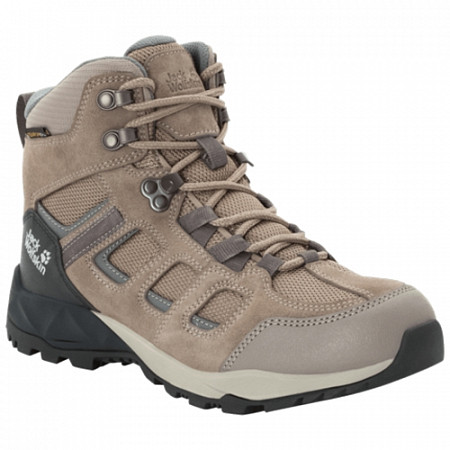 На картинке изображен Ботинки женские Jack Wolfskin Vojo Hike Xt Texapore Mid W beige / phantom Ботинки женские Jack Wolfskin Vojo Hike Xt Texapore Mid W beige / phantom