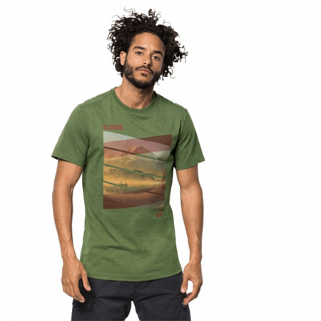 На картинке изображен Футболка мужская Jack Wolfskin Motosu Lake T M deep forest Футболка мужская Jack Wolfskin Motosu Lake T M deep forest