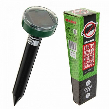 На картинке изображен Ультразвуковой отпугиватель кротов Rexant на солнечной батарее R20 71-0017 Ультразвуковой отпугиватель кротов Rexant на солнечной батарее R20 71-0017