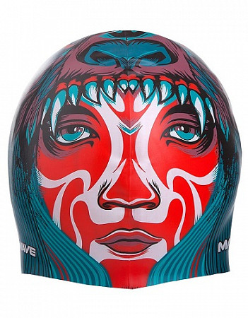 На картинке изображен Шапочка для бассейна (плавания) взрослая Mad Wave Tribe Silicone Printed red/blue Шапочка для бассейна (плавания) взрослая Mad Wave Tribe Silicone Printed red/blue