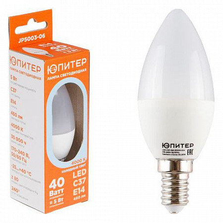 На картинке изображен Лампа светодиодная Юпитер C37 Свеча 5 Вт 170-240В E14 4000К JP5003-06 Лампа светодиодная Юпитер C37 Свеча 5 Вт 170-240В E14 4000К JP5003-06