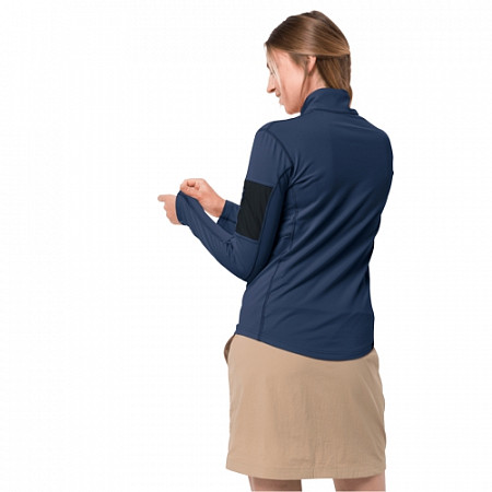 На картинке изображен Рубашка с длинными рукавами женская Jack Wolfskin Performance Halfzip W dark indigo Рубашка с длинными рукавами женская Jack Wolfskin Performance Halfzip W dark indigo